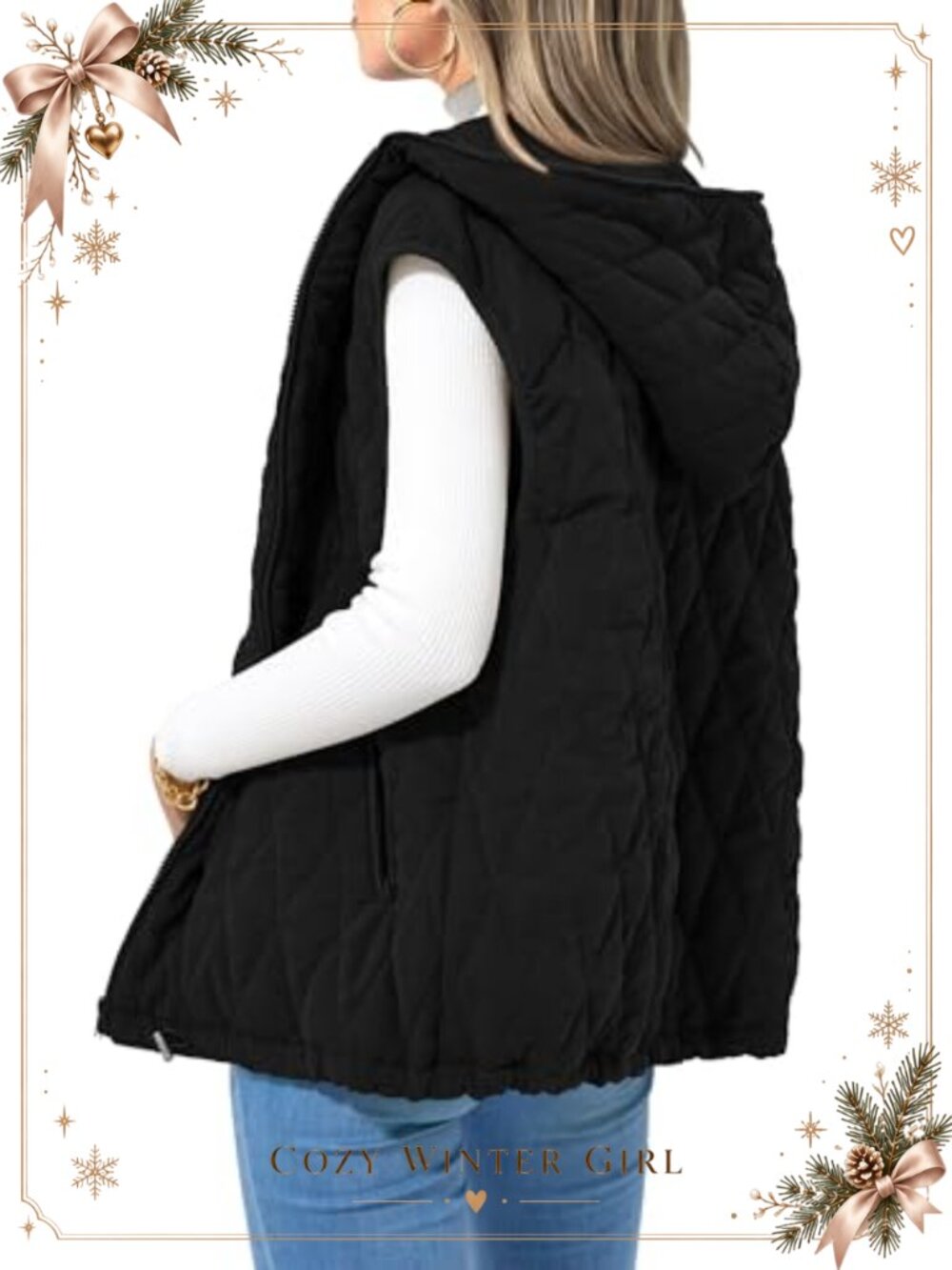 Sleeveless Hooded Zip Up Quilted Puffer Vest Loose Fit Winter Outerwear